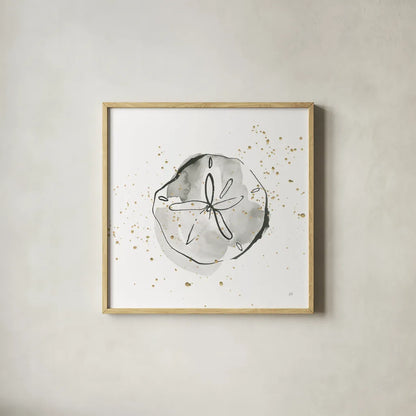 Sand Dollar I by Chris Paschke. Shown in a natural wood glass frame for a timeless modern aesthetic. Available as an archival giclee rolled canvas, fine art paper, or poster print. SKU 66534a.