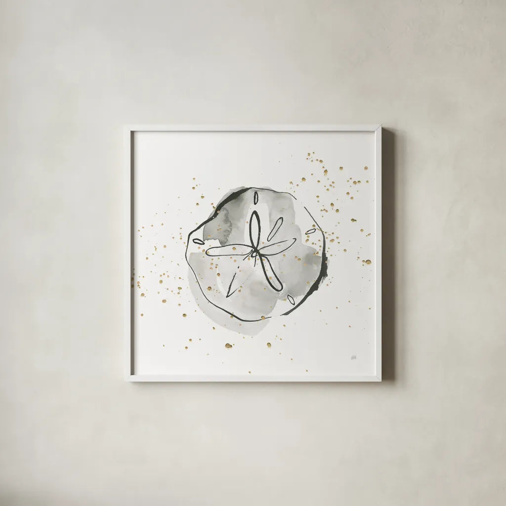 Sand Dollar I by Chris Paschke. Shown in a crisp white glass frame for a clean and minimalist style. Available as an archival giclee rolled canvas, fine art paper, or poster print. SKU 66534a.