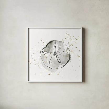 Sand Dollar I by Chris Paschke. Shown in a crisp white glass frame for a clean and minimalist style. Available as an archival giclee rolled canvas, fine art paper, or poster print. SKU 66534a.