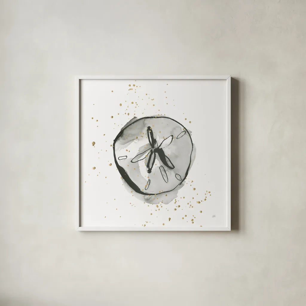 Sand Dollar II by Chris Paschke. Shown in a crisp white glass frame for a clean and minimalist style. Available as an archival giclee rolled canvas, fine art paper, or poster print. SKU 66535a.