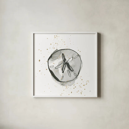 Sand Dollar II by Chris Paschke. Shown in a crisp white glass frame for a clean and minimalist style. Available as an archival giclee rolled canvas, fine art paper, or poster print. SKU 66535a.