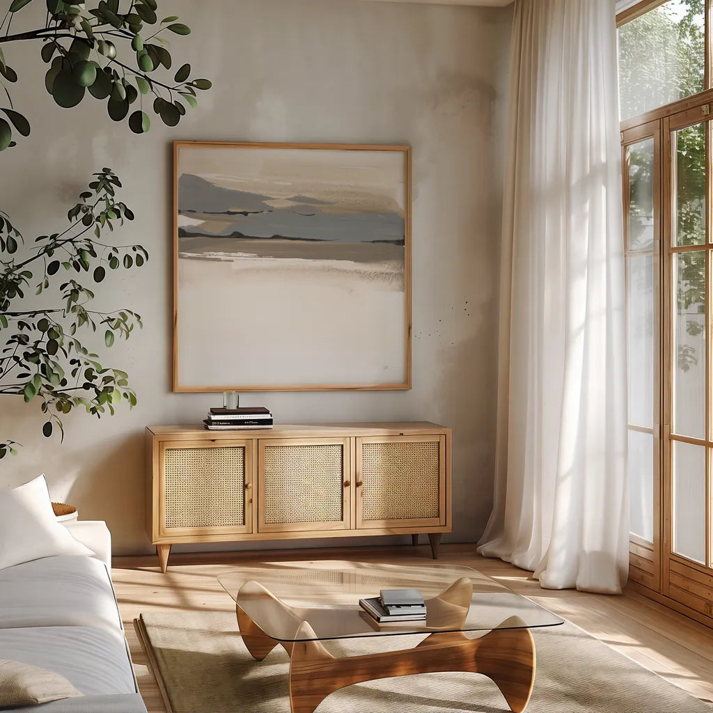 Sand to Sky II by Chris Paschke. Shown in a natural wood frame in a cozy modern living room. Available as an archival giclee rolled canvas, fine art paper, or poster print. SKU 92766a.