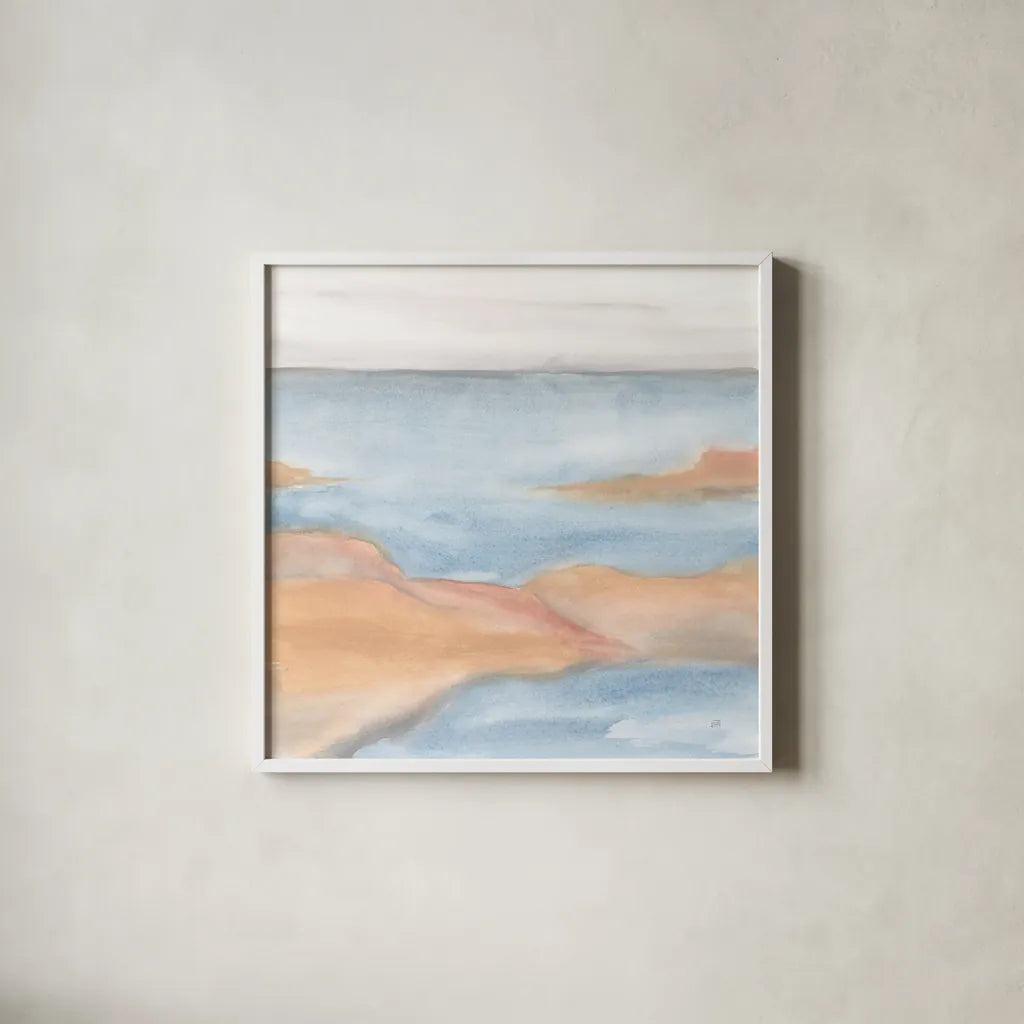 Sandbar II by Chris Paschke. Shown in a crisp white glass frame for a clean and minimalist style. Available as an archival giclee rolled canvas, fine art paper, or poster print. SKU 85534a.