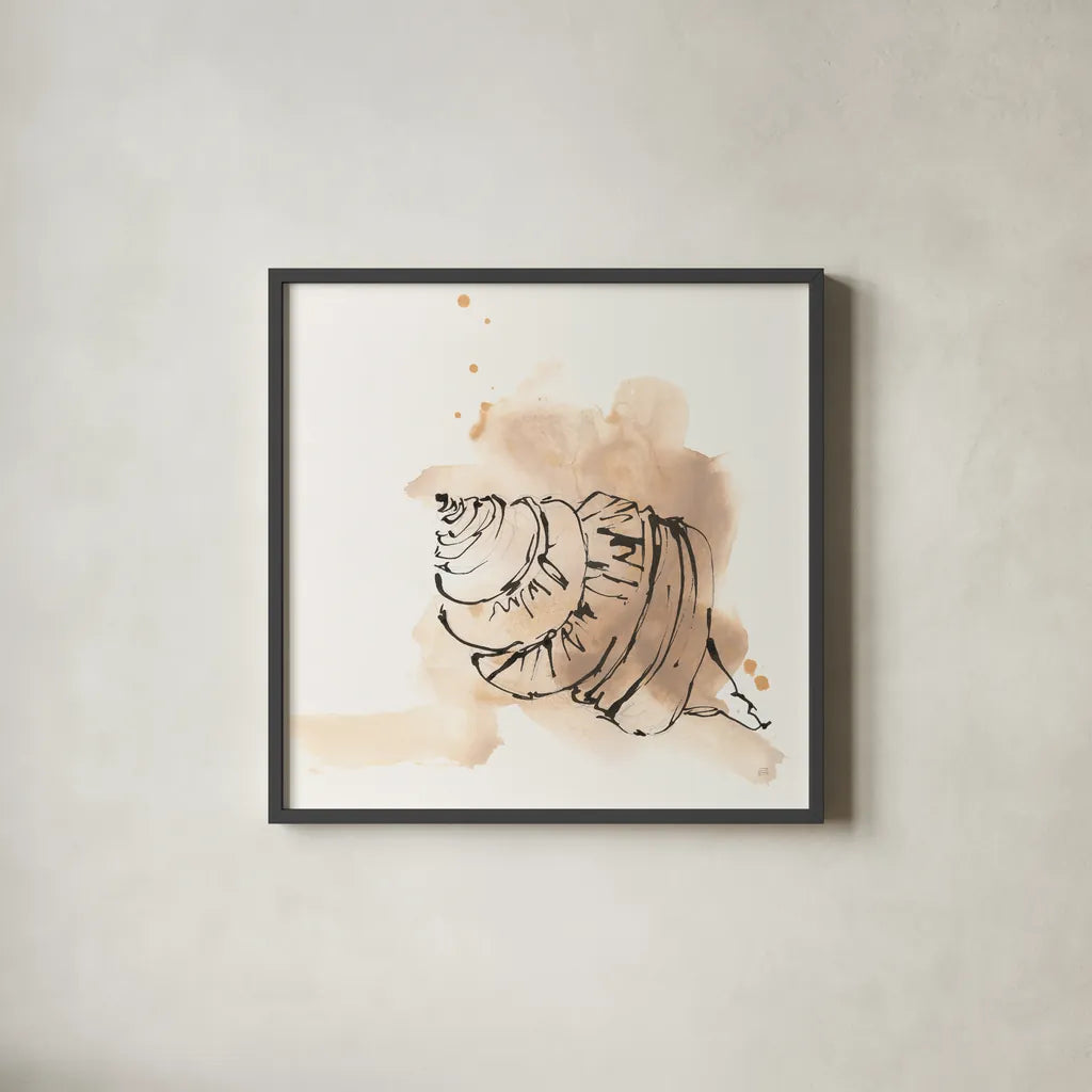 Sandy Conch I by Chris Paschke. Shown in a sleek black glass frame for a contemporary gallery look. Available as an archival giclee rolled canvas, fine art paper, or poster print. SKU 89509a.