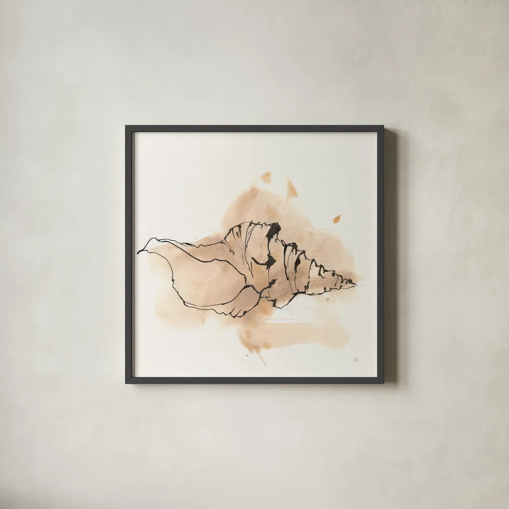 Sandy Conch III by Chris Paschke. Shown in a sleek black glass frame for a contemporary gallery look. Available as an archival giclee rolled canvas, fine art paper, or poster print. SKU 89511a.