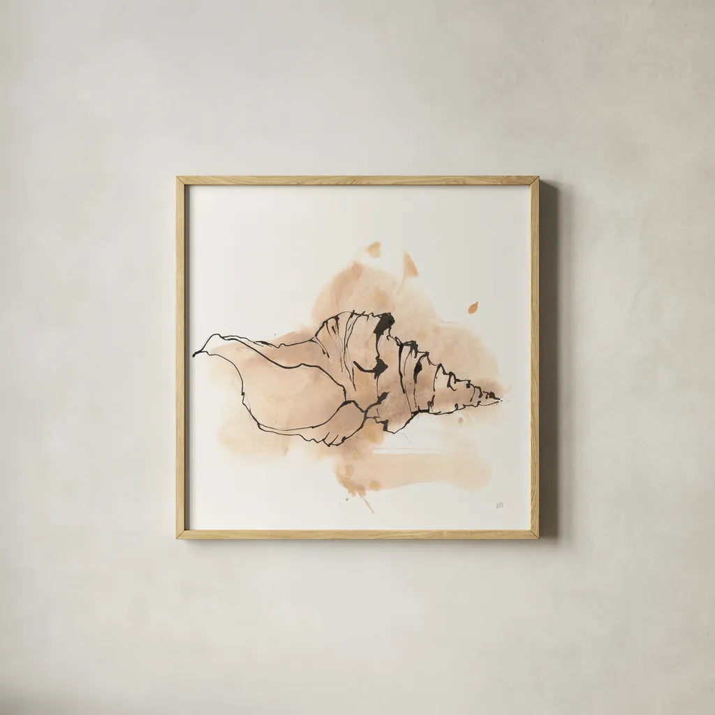 Sandy Conch III by Chris Paschke. Shown in a natural wood glass frame for a timeless modern aesthetic. Available as an archival giclee rolled canvas, fine art paper, or poster print. SKU 89511a.