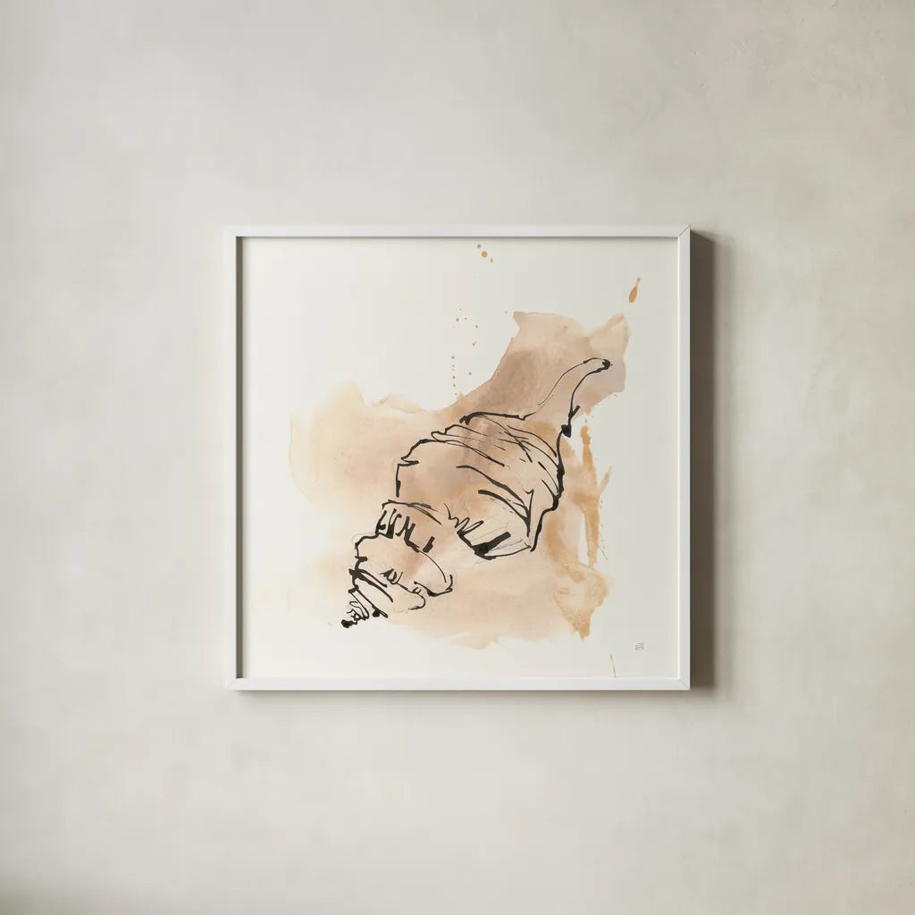 Sandy Conch IV by Chris Paschke. Shown in a crisp white glass frame for a clean and minimalist style. Available as an archival giclee rolled canvas, fine art paper, or poster print. SKU 89512a.