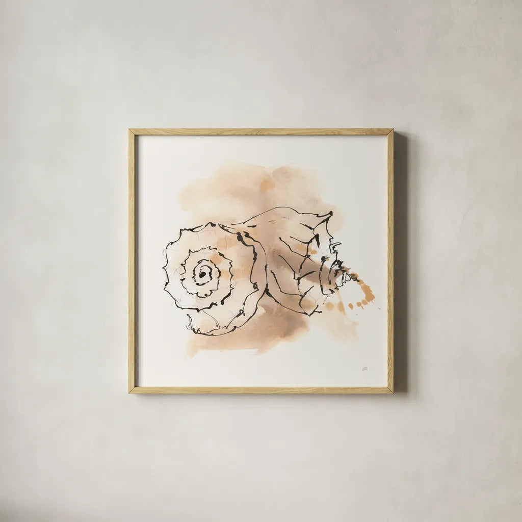 Sandy Conch V by Chris Paschke. Shown in a natural wood glass frame for a timeless modern aesthetic. Available as an archival giclee rolled canvas, fine art paper, or poster print. SKU 89513a.