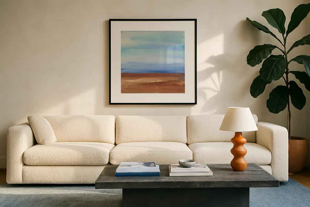 Sandy Ridge I by Chris Paschke. Displayed in a glass frame with matte in a clean modern living room. Available as an archival giclee rolled canvas, fine art paper, or poster print. SKU 65477a.