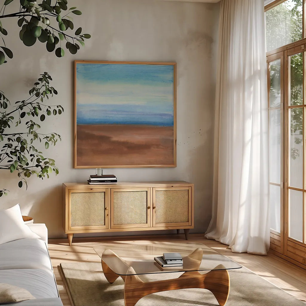 Sandy Ridge II by Chris Paschke. Shown in a natural wood frame in a cozy modern living room. Available as an archival giclee rolled canvas, fine art paper, or poster print. SKU 65478a.