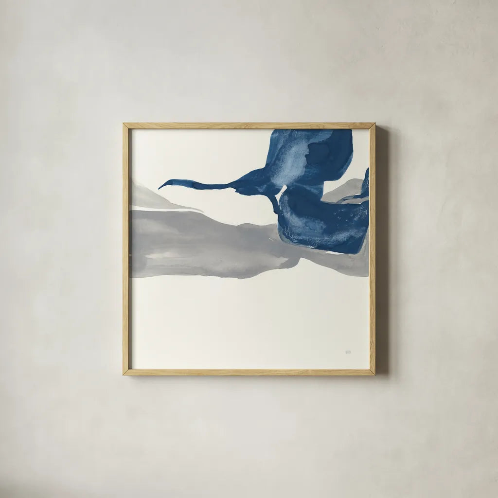 Sapphire and Gray I by Chris Paschke. Shown in a natural wood glass frame for a timeless modern aesthetic. Available as an archival giclee rolled canvas, fine art paper, or poster print. SKU 34712a.