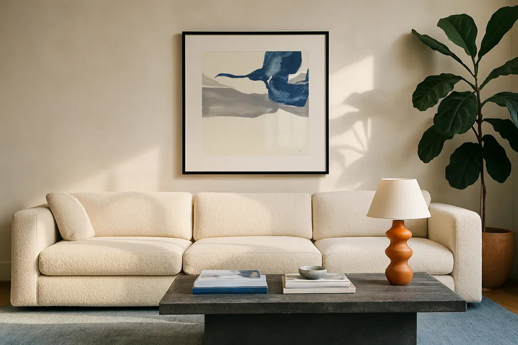 Sapphire and Gray I by Chris Paschke. Displayed in a glass frame with matte in a clean modern living room. Available as an archival giclee rolled canvas, fine art paper, or poster print. SKU 34712a.