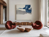 Sapphire and Gray I by Chris Paschke. Shown as extra-large giant wall art in a modern living room. Available as an archival giclee rolled canvas, fine art paper, or poster print. SKU 34712a.