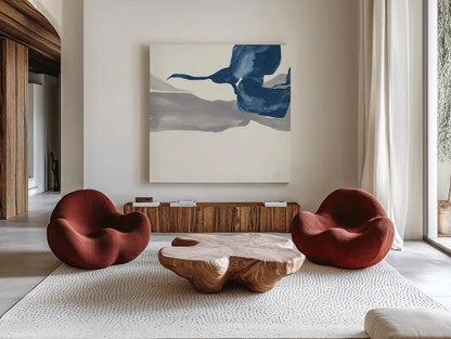 Sapphire and Gray I by Chris Paschke. Shown as extra-large giant wall art in a modern living room. Available as an archival giclee rolled canvas, fine art paper, or poster print. SKU 34712a.