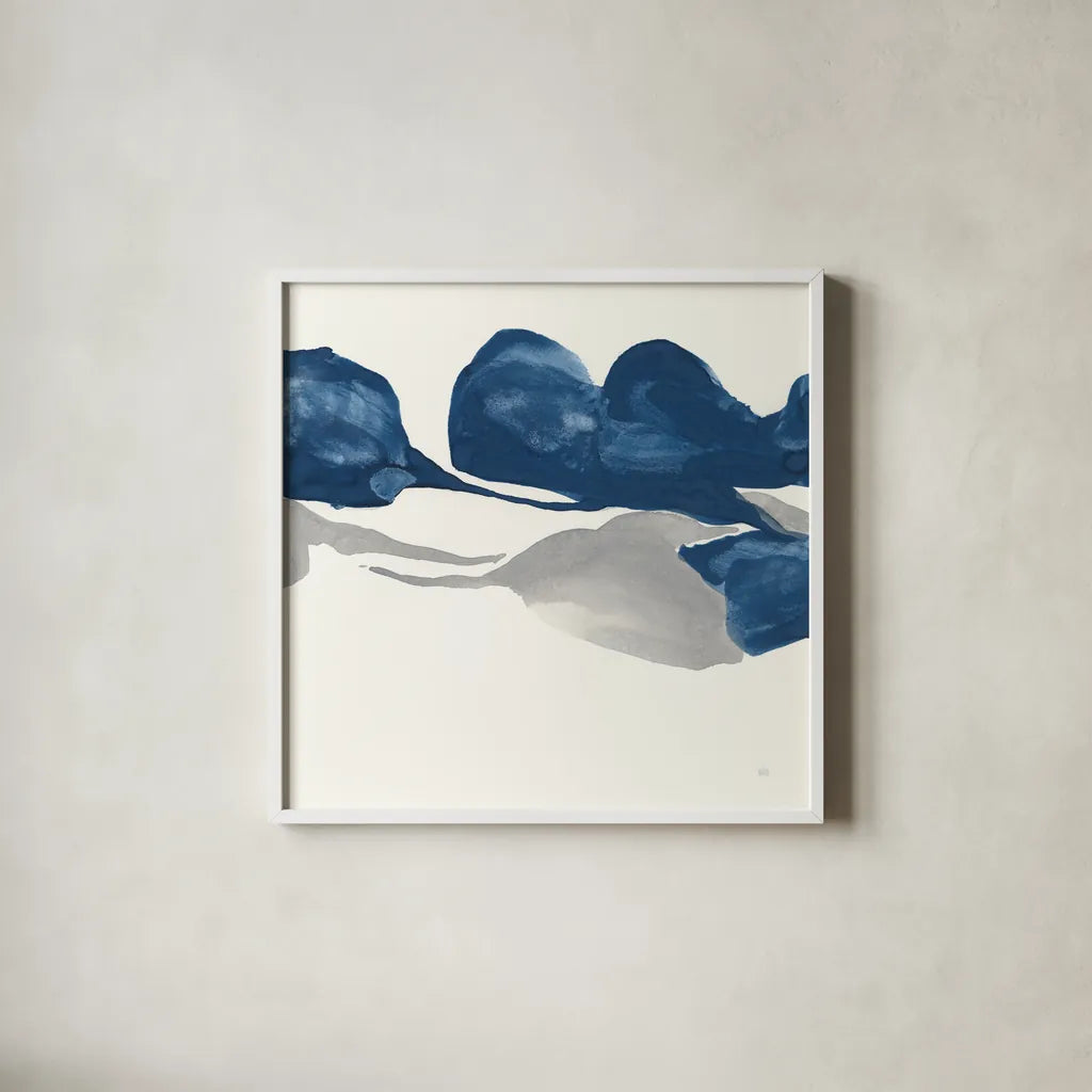 Sapphire and Gray II by Chris Paschke. Shown in a crisp white glass frame for a clean and minimalist style. Available as an archival giclee rolled canvas, fine art paper, or poster print. SKU 34713a.