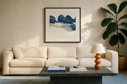 Sapphire and Gray II by Chris Paschke. Displayed in a glass frame with matte in a clean modern living room. Available as an archival giclee rolled canvas, fine art paper, or poster print. SKU 34713a.