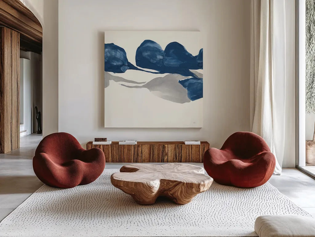 Sapphire and Gray II by Chris Paschke. Shown as extra-large giant wall art in a modern living room. Available as an archival giclee rolled canvas, fine art paper, or poster print. SKU 34713a.
