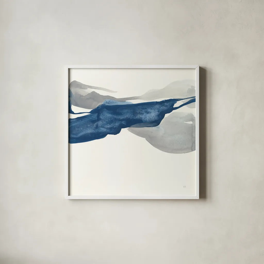 Sapphire and Gray III by Chris Paschke. Shown in a crisp white glass frame for a clean and minimalist style. Available as an archival giclee rolled canvas, fine art paper, or poster print. SKU 34714a.