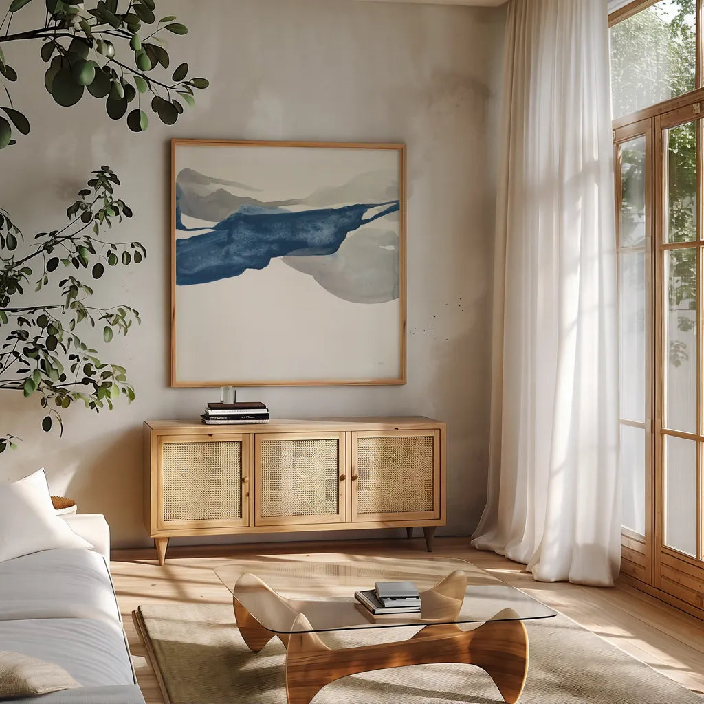 Sapphire and Gray III by Chris Paschke. Shown in a natural wood frame in a cozy modern living room. Available as an archival giclee rolled canvas, fine art paper, or poster print. SKU 34714a.