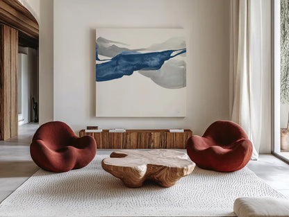 Sapphire and Gray III by Chris Paschke. Shown as extra-large giant wall art in a modern living room. Available as an archival giclee rolled canvas, fine art paper, or poster print. SKU 34714a.
