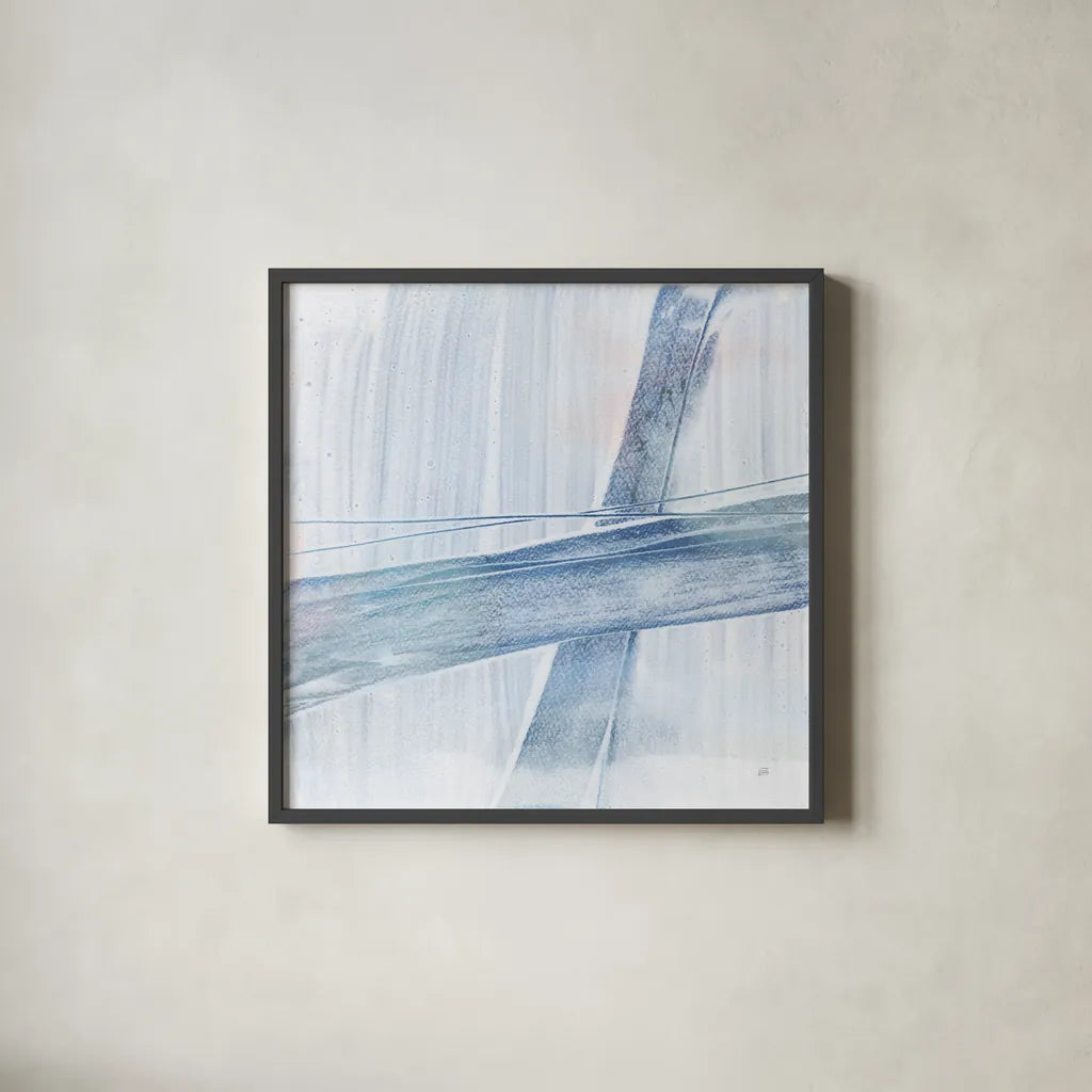 Scraped Blue I by Chris Paschke. Shown in a sleek black glass frame for a contemporary gallery look. Available as an archival giclee rolled canvas, fine art paper, or poster print. SKU 99907a.