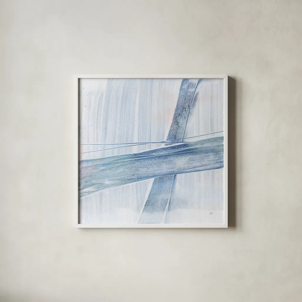 Scraped Blue I by Chris Paschke. Shown in a crisp white glass frame for a clean and minimalist style. Available as an archival giclee rolled canvas, fine art paper, or poster print. SKU 99907a.