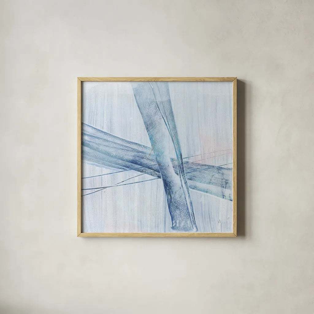 Scraped Blue II by Chris Paschke. Shown in a natural wood glass frame for a timeless modern aesthetic. Available as an archival giclee rolled canvas, fine art paper, or poster print. SKU 99908a.
