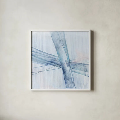 Scraped Blue II by Chris Paschke. Shown in a crisp white glass frame for a clean and minimalist style. Available as an archival giclee rolled canvas, fine art paper, or poster print. SKU 99908a.