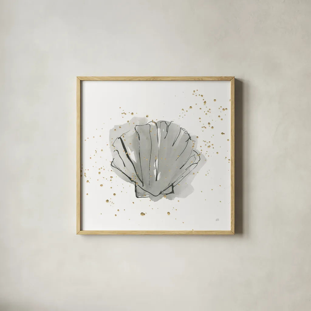 Sea Scallop by Chris Paschke. Shown in a natural wood glass frame for a timeless modern aesthetic. Available as an archival giclee rolled canvas, fine art paper, or poster print. SKU 66537a.