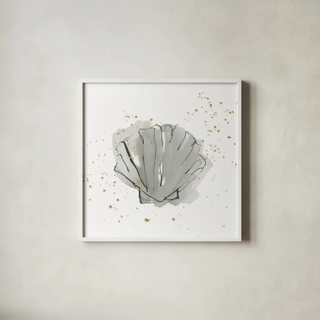 Sea Scallop by Chris Paschke. Shown in a crisp white glass frame for a clean and minimalist style. Available as an archival giclee rolled canvas, fine art paper, or poster print. SKU 66537a.