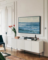 Seascape III by Chris Paschke. shown as a framed stretched canvas in a living room above a console. Available as a archival giclee rolled canvas, fine art paper, or poster print. SKU 14955i.