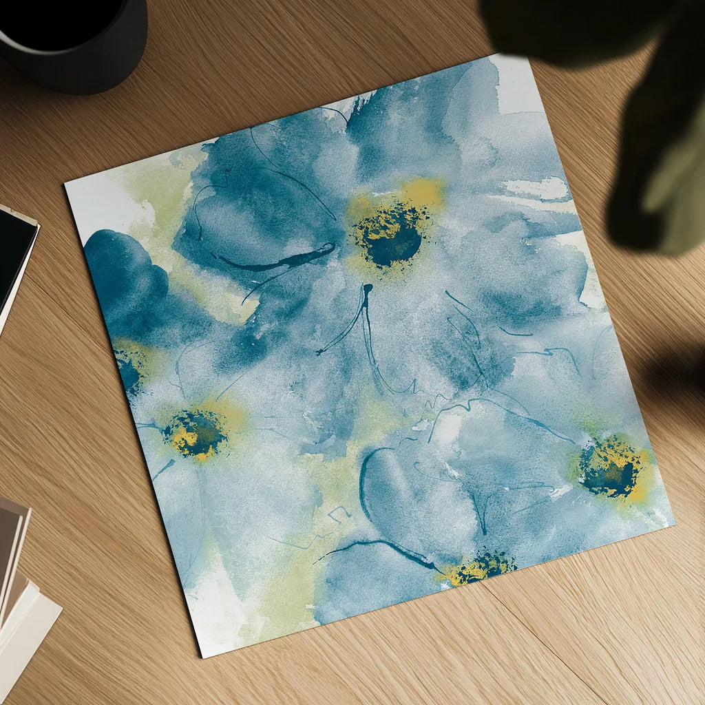 Seashell Cosmos I Blue and Yellow by Chris Paschke. Shown as a detailed flat fine art print, highlighting archival giclee quality. Available as an archival giclee rolled canvas, fine art paper, or poster print. SKU 31295a.