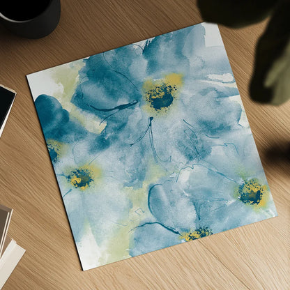 Seashell Cosmos I Blue and Yellow by Chris Paschke. Shown as a detailed flat fine art print, highlighting archival giclee quality. Available as an archival giclee rolled canvas, fine art paper, or poster print. SKU 31295a.