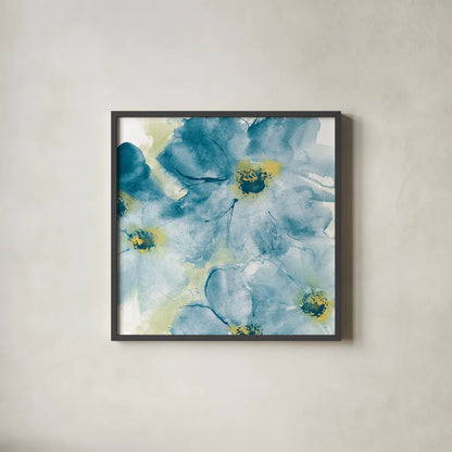 Seashell Cosmos I Blue and Yellow by Chris Paschke. Shown in a sleek black glass frame for a contemporary gallery look. Available as an archival giclee rolled canvas, fine art paper, or poster print. SKU 31295a.