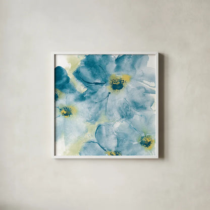 Seashell Cosmos I Blue and Yellow by Chris Paschke. Shown in a crisp white glass frame for a clean and minimalist style. Available as an archival giclee rolled canvas, fine art paper, or poster print. SKU 31295a.