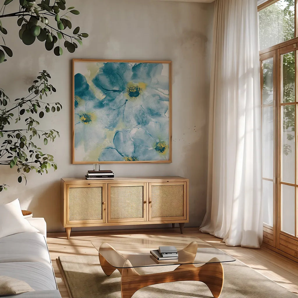 Seashell Cosmos I Blue and Yellow by Chris Paschke. Shown in a natural wood frame in a cozy modern living room. Available as an archival giclee rolled canvas, fine art paper, or poster print. SKU 31295a.