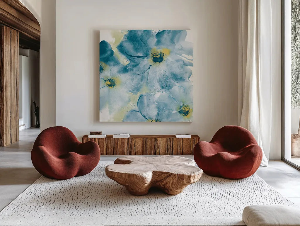 Seashell Cosmos I Blue and Yellow by Chris Paschke. Shown as extra-large giant wall art in a modern living room. Available as an archival giclee rolled canvas, fine art paper, or poster print. SKU 31295a.