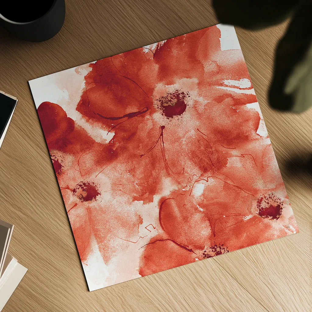 Seashell Cosmos I Red and Orange by Chris Paschke. Shown as a detailed flat fine art print, highlighting archival giclee quality. Available as an archival giclee rolled canvas, fine art paper, or poster print. SKU 31299a.