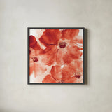 Seashell Cosmos I Red and Orange by Chris Paschke. Shown in a sleek black glass frame for a contemporary gallery look. Available as an archival giclee rolled canvas, fine art paper, or poster print. SKU 31299a.