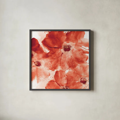 Seashell Cosmos I Red and Orange by Chris Paschke. Shown in a sleek black glass frame for a contemporary gallery look. Available as an archival giclee rolled canvas, fine art paper, or poster print. SKU 31299a.