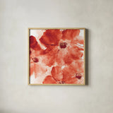 Seashell Cosmos I Red and Orange by Chris Paschke. Shown in a natural wood glass frame for a timeless modern aesthetic. Available as an archival giclee rolled canvas, fine art paper, or poster print. SKU 31299a.