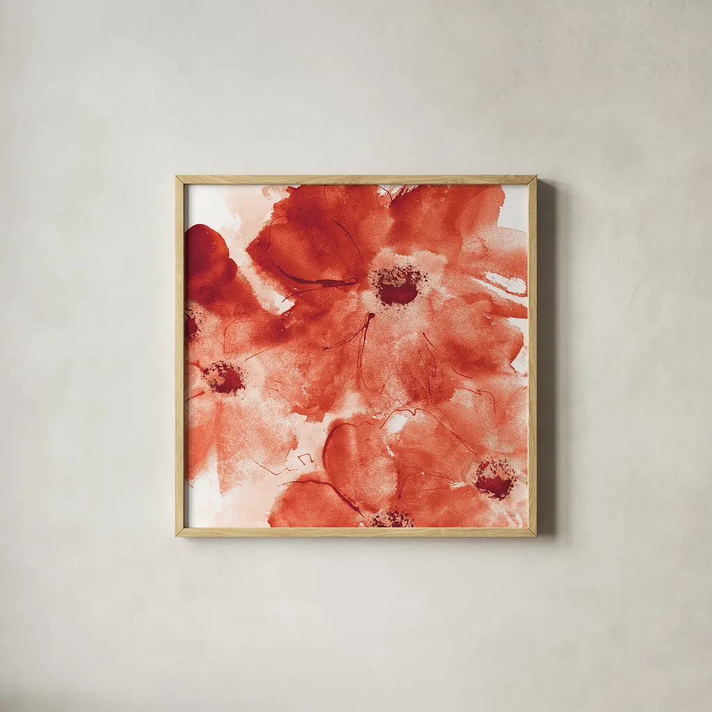 Seashell Cosmos I Red and Orange by Chris Paschke. Shown in a natural wood glass frame for a timeless modern aesthetic. Available as an archival giclee rolled canvas, fine art paper, or poster print. SKU 31299a.