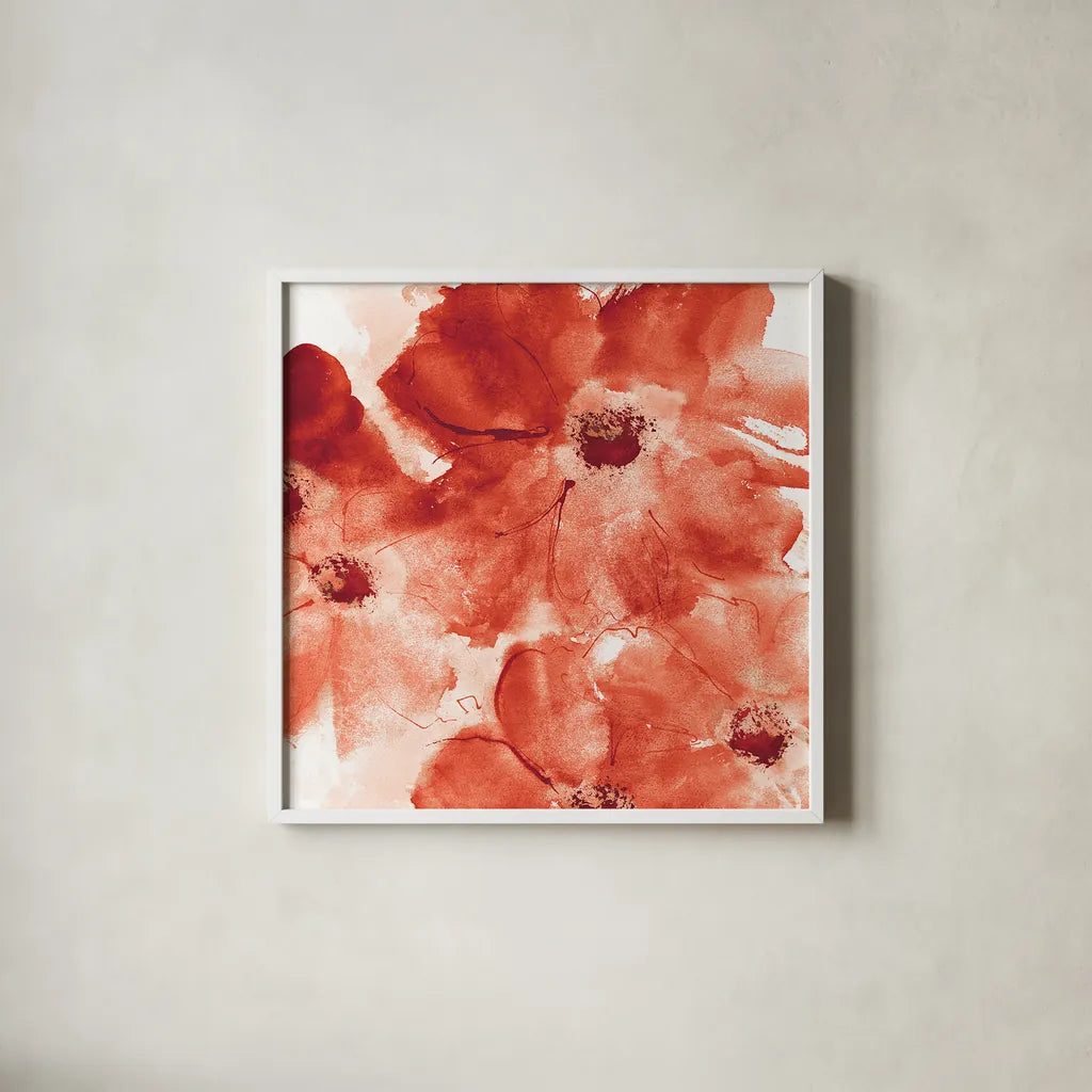 Seashell Cosmos I Red and Orange by Chris Paschke. Shown in a crisp white glass frame for a clean and minimalist style. Available as an archival giclee rolled canvas, fine art paper, or poster print. SKU 31299a.