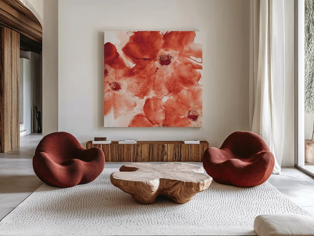 Seashell Cosmos I Red and Orange by Chris Paschke. Shown as extra-large giant wall art in a modern living room. Available as an archival giclee rolled canvas, fine art paper, or poster print. SKU 31299a.