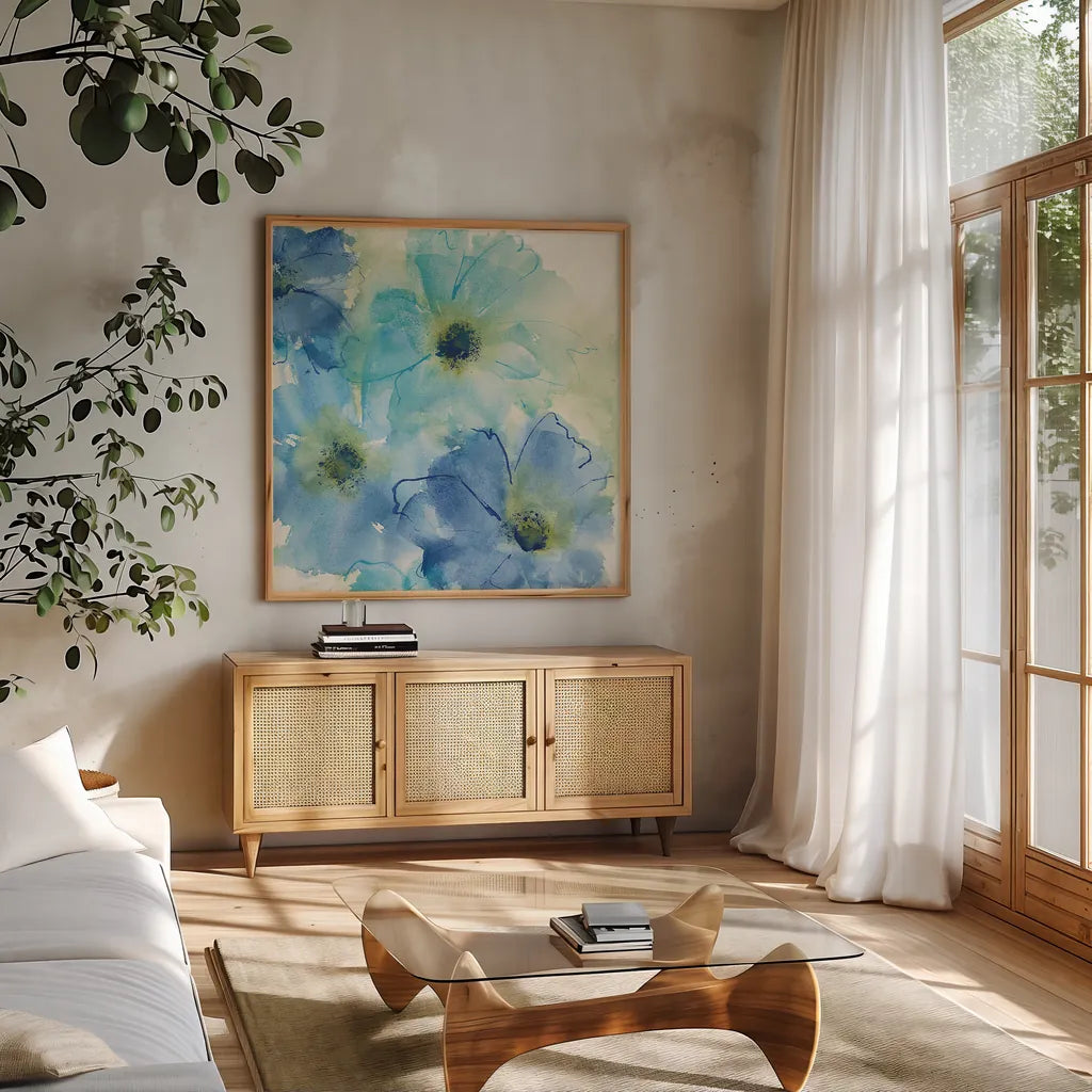 Seashell Cosmos II by Chris Paschke. Shown in a natural wood frame in a cozy modern living room. Available as an archival giclee rolled canvas, fine art paper, or poster print. SKU 24334a.