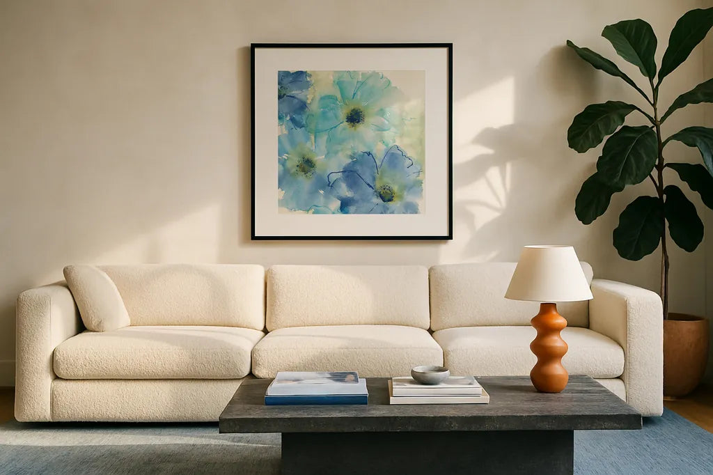 Seashell Cosmos II by Chris Paschke. Displayed in a glass frame with matte in a clean modern living room. Available as an archival giclee rolled canvas, fine art paper, or poster print. SKU 24334a.