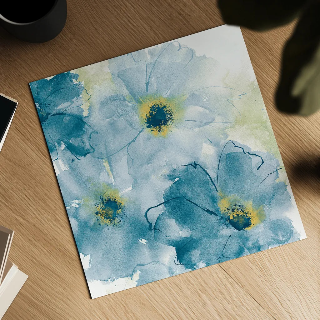 Seashell Cosmos II Blue and Yellow by Chris Paschke. Shown as a detailed flat fine art print, highlighting archival giclee quality. Available as an archival giclee rolled canvas, fine art paper, or poster print. SKU 31296a.