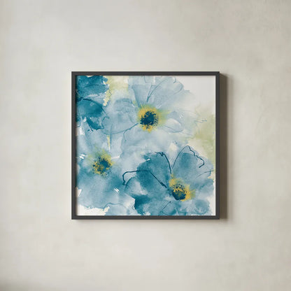 Seashell Cosmos II Blue and Yellow by Chris Paschke. Shown in a sleek black glass frame for a contemporary gallery look. Available as an archival giclee rolled canvas, fine art paper, or poster print. SKU 31296a.