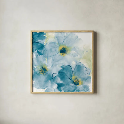 Seashell Cosmos II Blue and Yellow by Chris Paschke. Shown in a natural wood glass frame for a timeless modern aesthetic. Available as an archival giclee rolled canvas, fine art paper, or poster print. SKU 31296a.