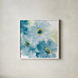 Seashell Cosmos II Blue and Yellow by Chris Paschke. Shown in a crisp white glass frame for a clean and minimalist style. Available as an archival giclee rolled canvas, fine art paper, or poster print. SKU 31296a.
